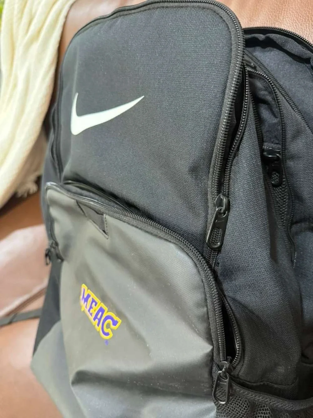 Nike Black Backpack with White Swoosh and MEAC Patch